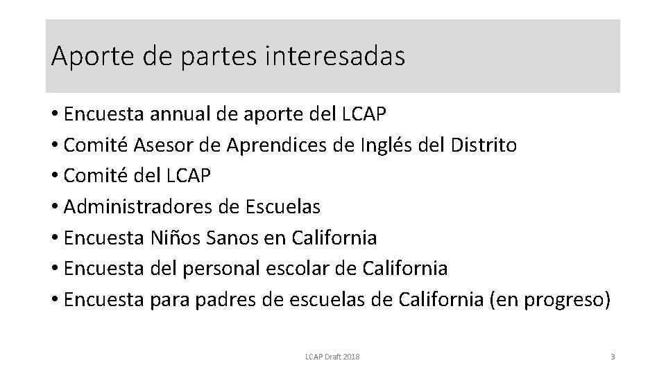 Aporte de partes interesadas • Encuesta annual de aporte del LCAP • Comité Asesor