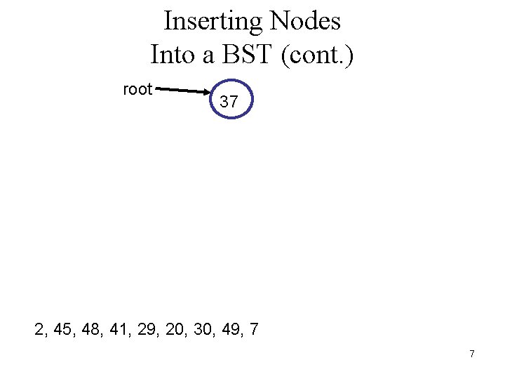 Inserting Nodes Into a BST (cont. ) root 37 2, 45, 48, 41, 29,