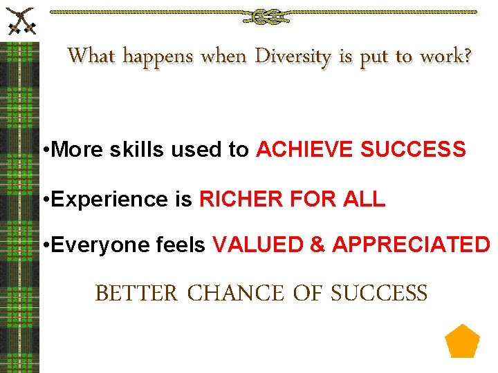 What happens when Diversity is put to work? • More skills used to ACHIEVE