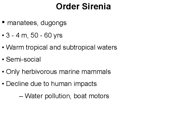Order Sirenia • manatees, dugongs • 3 - 4 m, 50 - 60 yrs
