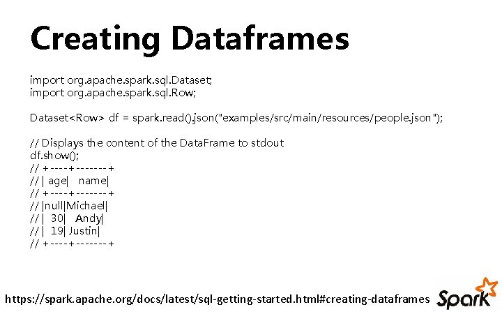 Creating Dataframes import org. apache. spark. sql. Dataset; import org. apache. spark. sql. Row;