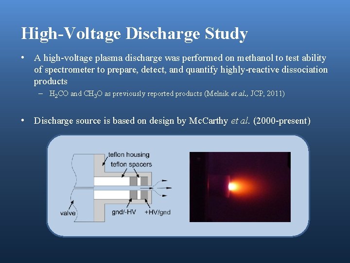 High-Voltage Discharge Study • A high-voltage plasma discharge was performed on methanol to test