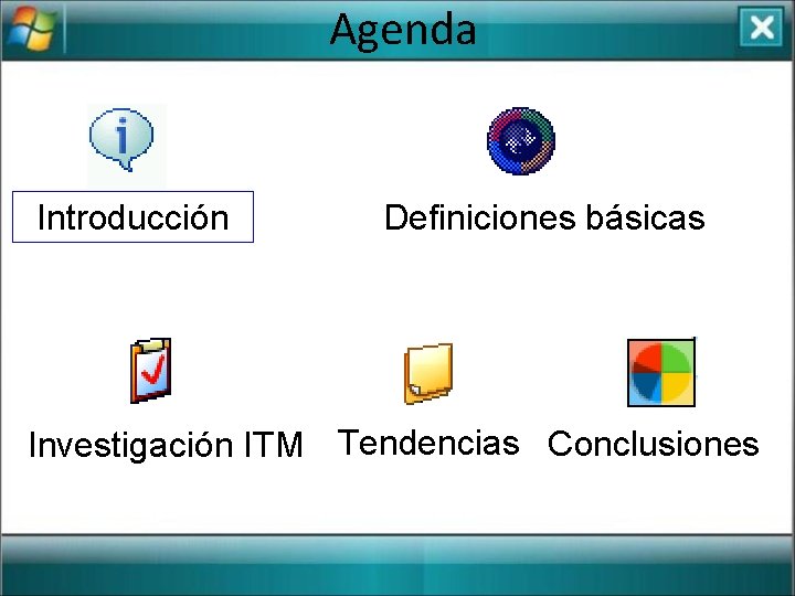 Agenda Introducción Definiciones básicas Investigación ITM Tendencias Conclusiones 