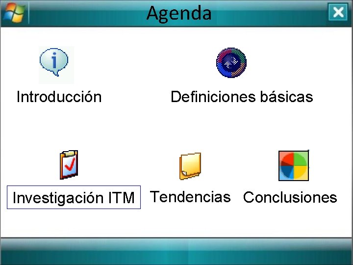 Agenda Introducción Definiciones básicas Investigación ITM Tendencias Conclusiones 