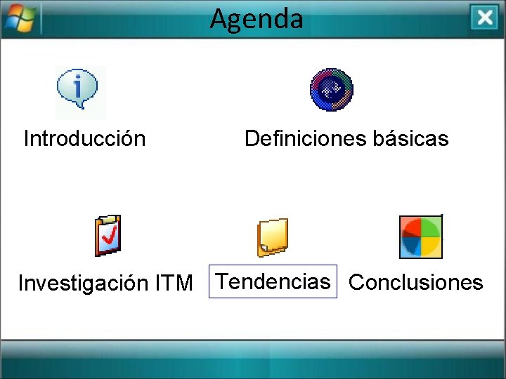 Agenda Introducción Definiciones básicas Investigación ITM Tendencias Conclusiones 