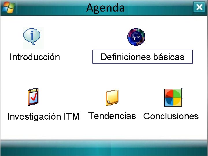 Agenda Introducción Definiciones básicas Investigación ITM Tendencias Conclusiones 