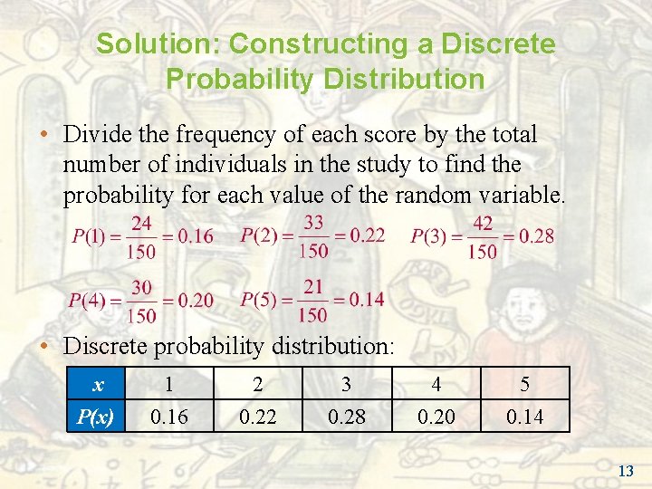 Solution: Constructing a Discrete Probability Distribution • Divide the frequency of each score by Solution: Constructing a Discrete Probability Distribution • Divide the frequency of each score by