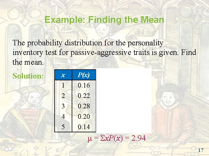 Example: Finding the Mean The probability distribution for the personality inventory test for passive-aggressive Example: Finding the Mean The probability distribution for the personality inventory test for passive-aggressive