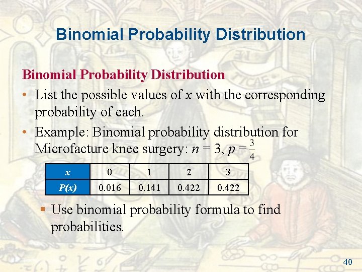 Binomial Probability Distribution • List the possible values of x with the corresponding probability Binomial Probability Distribution • List the possible values of x with the corresponding probability
