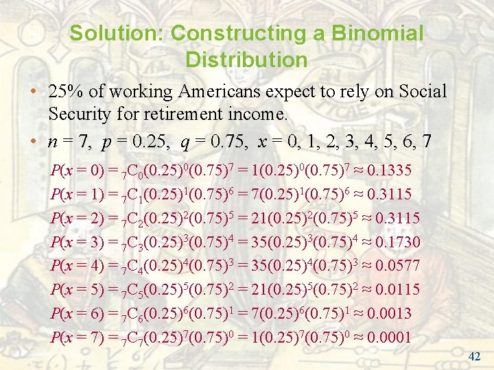 Solution: Constructing a Binomial Distribution • 25% of working Americans expect to rely on Solution: Constructing a Binomial Distribution • 25% of working Americans expect to rely on