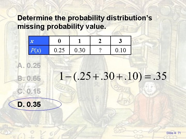 Determine the probability distribution’s missing probability value. x P(x) 0 0. 25 1 0. Determine the probability distribution’s missing probability value. x P(x) 0 0. 25 1 0.