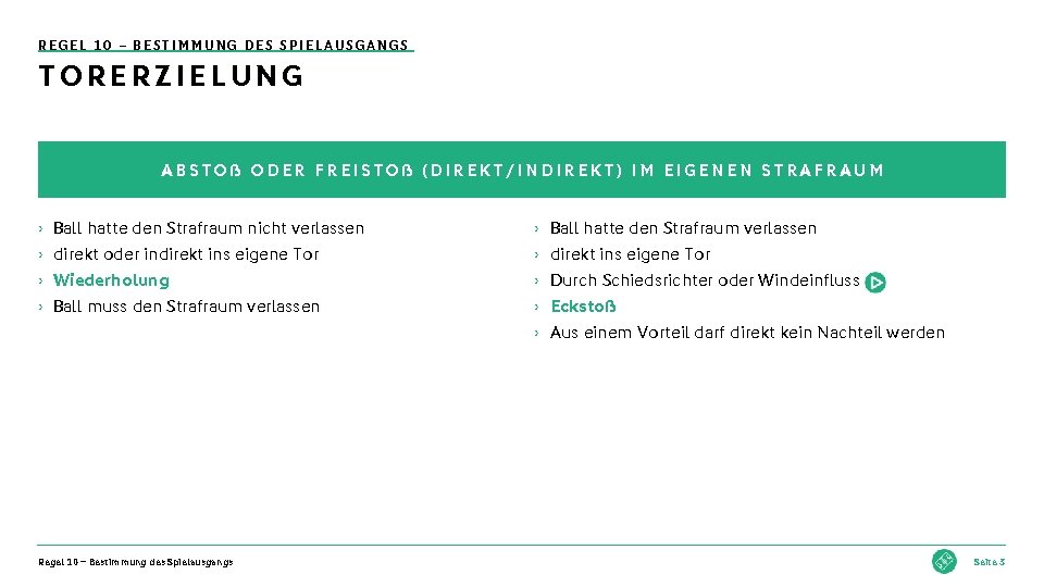 REGEL 10 – BESTIMMUNG DES SPIELAUSGANGS TORERZIELUNG ABSTOß ODER FREISTOß (DIREKT/INDIREKT) IM EIGENEN STRAFRAUM