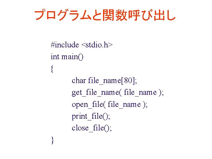 プログラムと関数呼び出し #include <stdio. h> int main() { char file_name[80]; get_file_name( file_name ); open_file( file_name