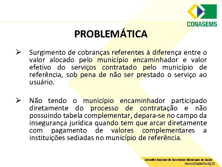 PROBLEMÁTICA Ø Surgimento de cobranças referentes à diferença entre o valor alocado pelo município