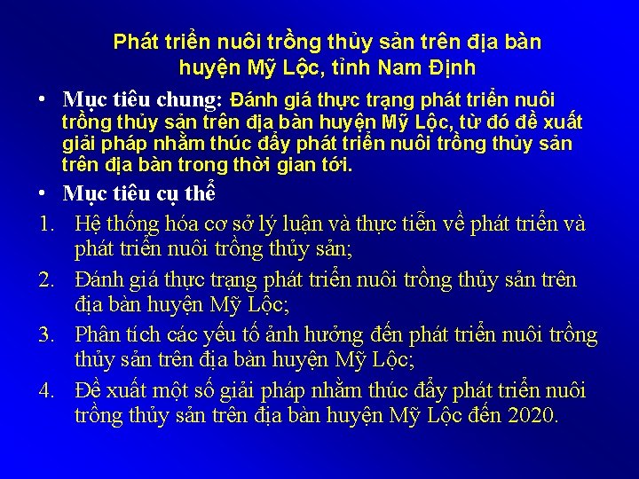 Phát triển nuôi trồng thủy sản trên địa bàn huyện Mỹ Lộc, tỉnh Nam