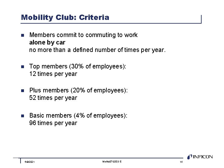 Mobility Club: Criteria n Members commit to commuting to work alone by car no