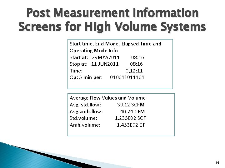 Post Measurement Information Screens for High Volume Systems Start time, End Mode, Elapsed Time