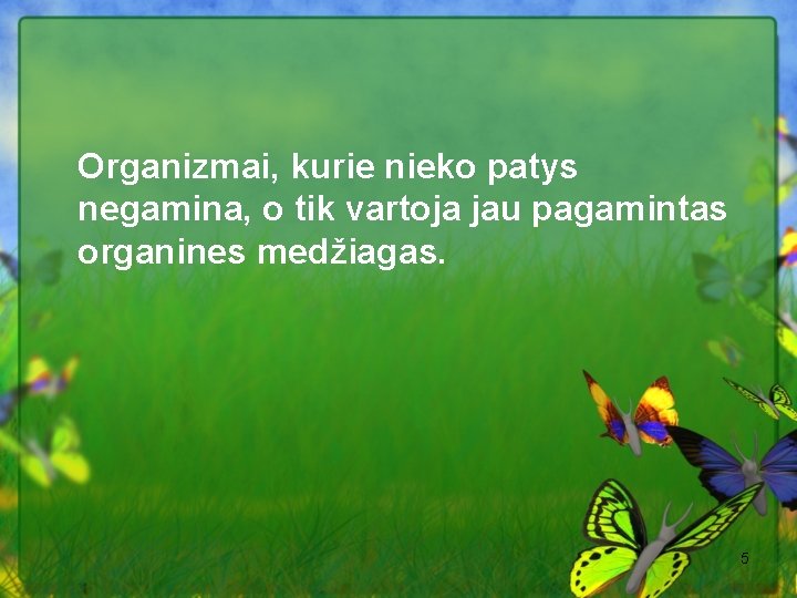 Organizmai, kurie nieko patys negamina, o tik vartoja jau pagamintas organines medžiagas. 5 