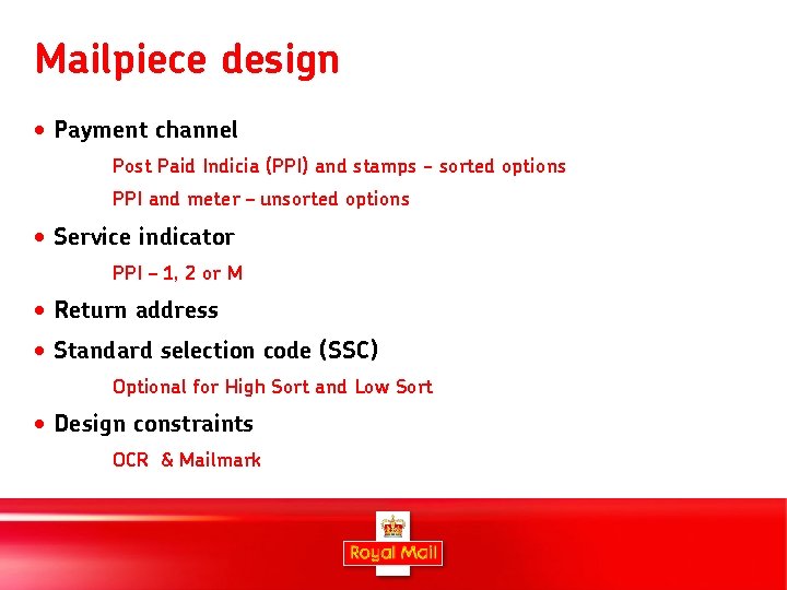 Mailpiece design • Payment channel Post Paid Indicia (PPI) and stamps - sorted options