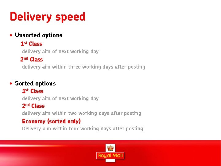 Delivery speed • Unsorted options 1 st Class delivery aim of next working day