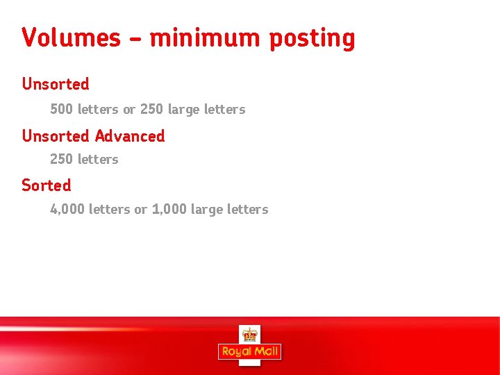Volumes – minimum posting Unsorted 500 letters or 250 large letters Unsorted Advanced 250