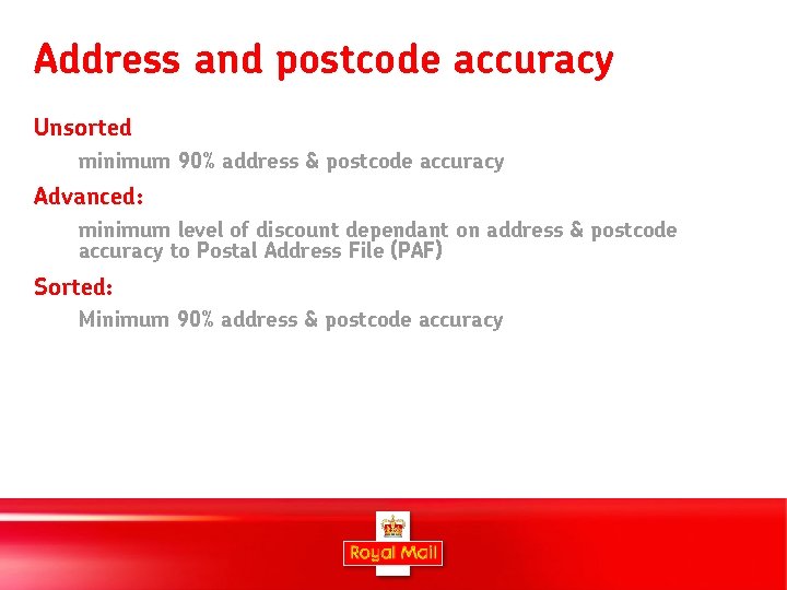 Address and postcode accuracy Unsorted minimum 90% address & postcode accuracy Advanced: minimum level
