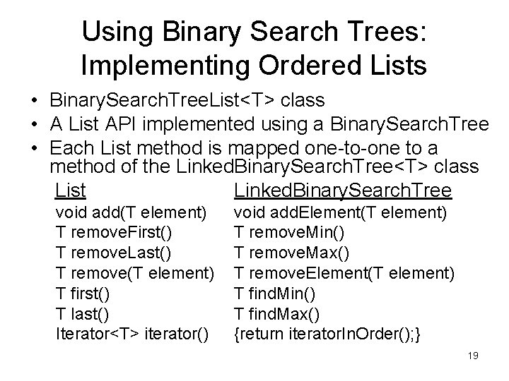 Using Binary Search Trees: Implementing Ordered Lists • Binary. Search. Tree. List<T> class •