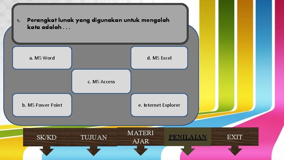 1. Perangkat lunak yang digunakan untuk mengolah kata adalah. . . a. MS Word