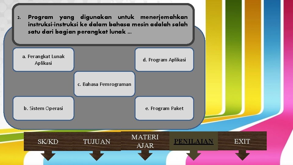 2. Program yang digunakan untuk menerjemahkan instruksi-instruksi ke dalam bahasa mesin adalah satu dari