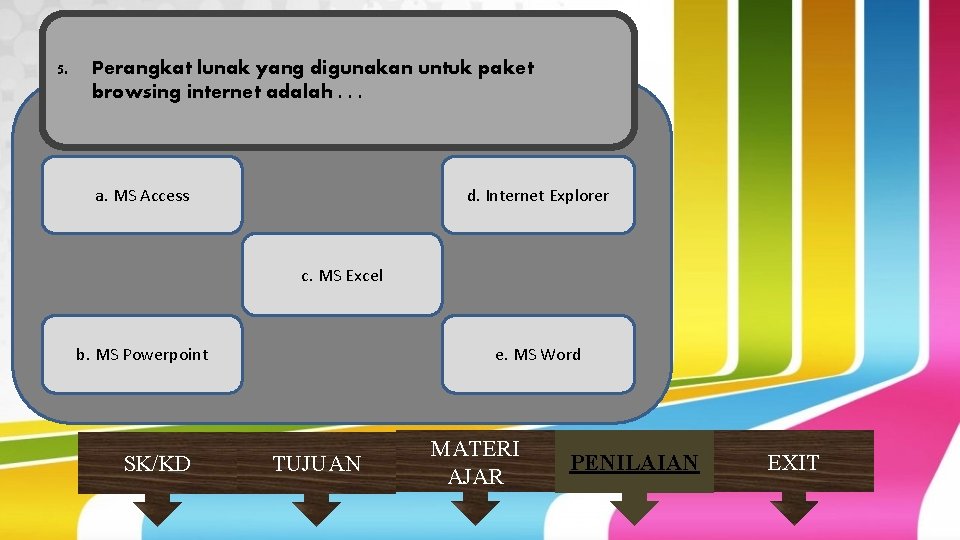 5. Perangkat lunak yang digunakan untuk paket browsing internet adalah. . . a. MS