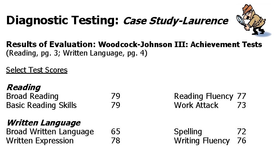 Diagnostic Testing: Case Study-Laurence Results of Evaluation: Woodcock-Johnson III: Achievement Tests (Reading, pg. 3;