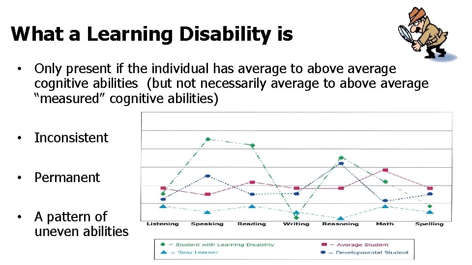 What a Learning Disability is • Only present if the individual has average to