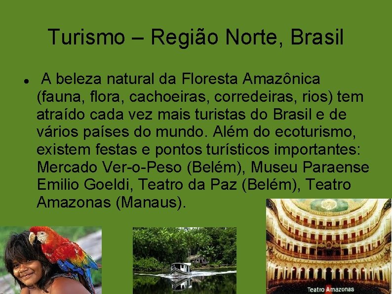 Turismo – Região Norte, Brasil A beleza natural da Floresta Amazônica (fauna, flora, cachoeiras,