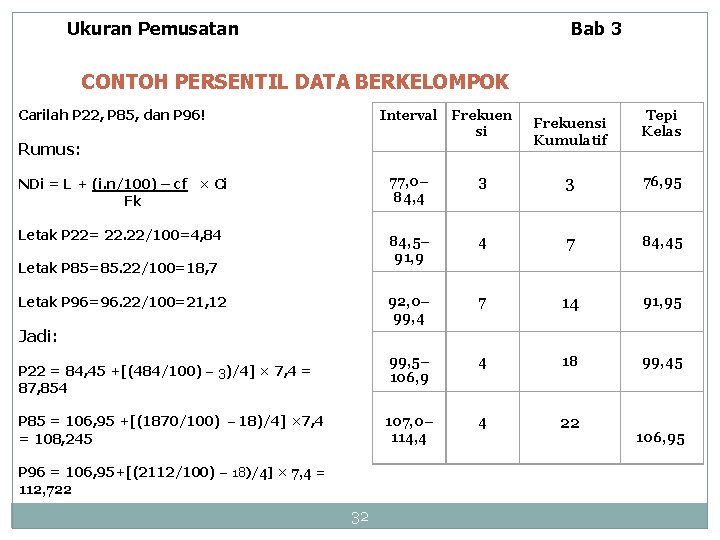 Ukuran Pemusatan Bab 3 CONTOH PERSENTIL DATA BERKELOMPOK Carilah P 22, P 85, dan