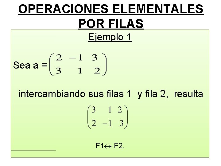 OPERACIONES ELEMENTALES POR FILAS Ejemplo 1 Sea a = intercambiando sus filas 1 y OPERACIONES ELEMENTALES POR FILAS Ejemplo 1 Sea a = intercambiando sus filas 1 y