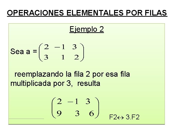 OPERACIONES ELEMENTALES POR FILAS Ejemplo 2 Sea a = reemplazando la fila 2 por