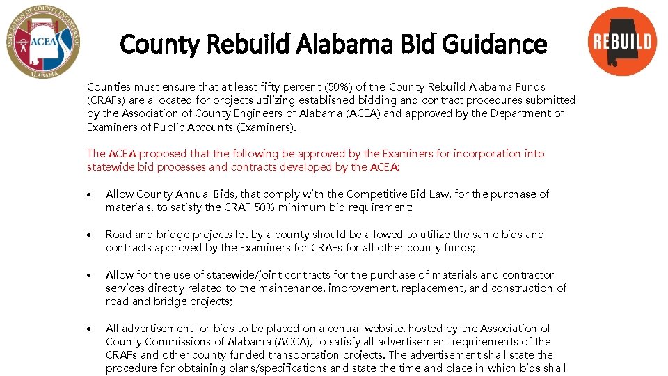 County Rebuild Alabama Bid Guidance Counties must ensure that at least fifty percent (50%)