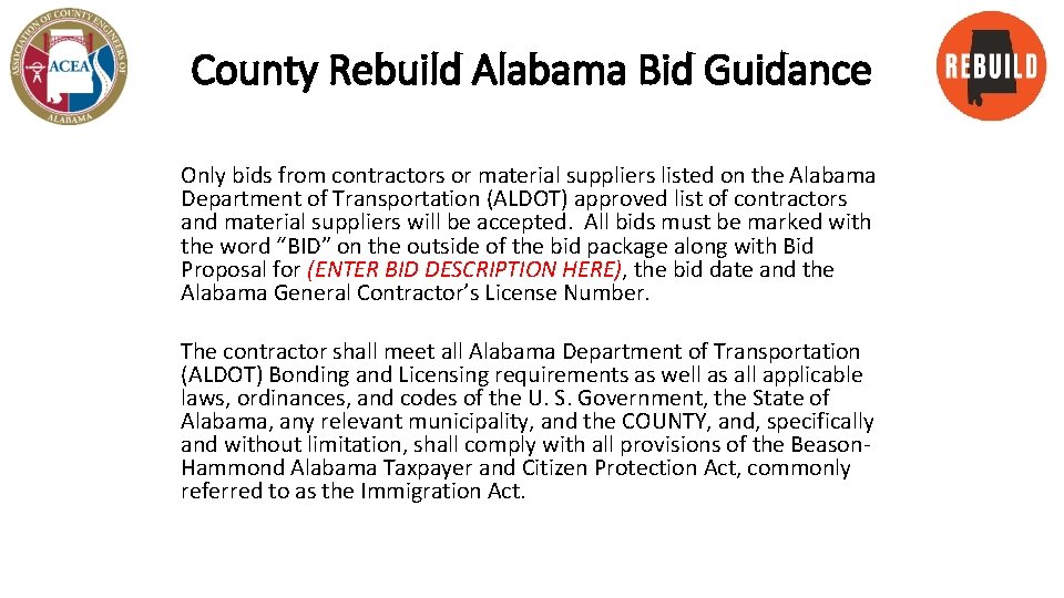 County Rebuild Alabama Bid Guidance Only bids from contractors or material suppliers listed on