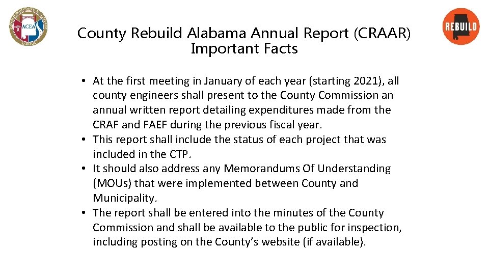County Rebuild Alabama Annual Report (CRAAR) Important Facts • At the first meeting in