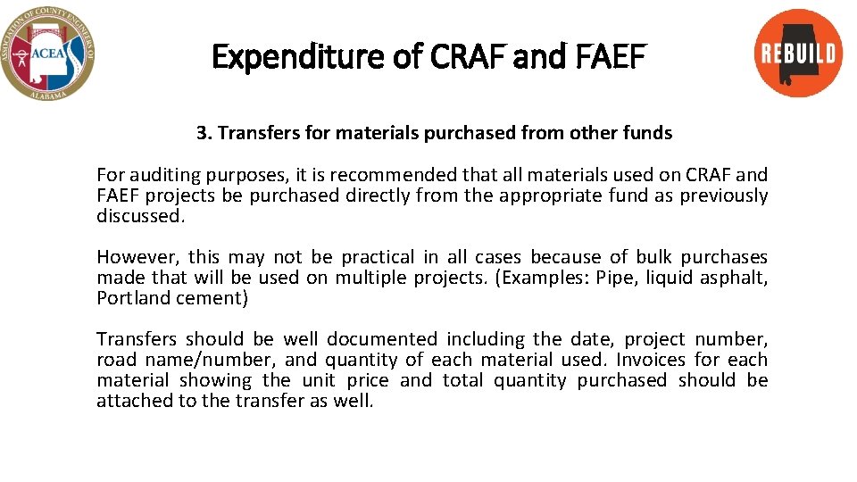 Expenditure of CRAF and FAEF 3. Transfers for materials purchased from other funds For