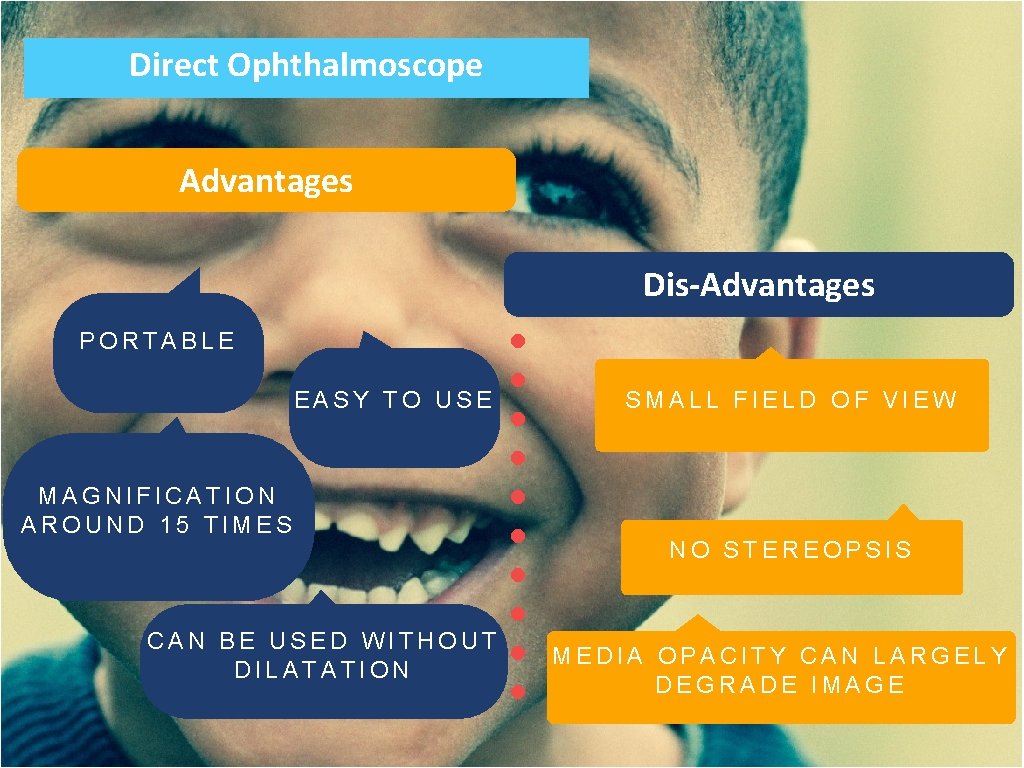 Direct Ophthalmoscope Advantages Dis-Advantages PORTABLE EASY TO USE MAGNIFICATION AROUND 15 TIMES CAN BE