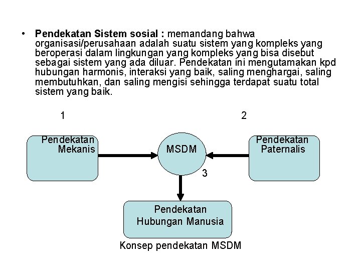  • Pendekatan Sistem sosial : memandang bahwa organisasi/perusahaan adalah suatu sistem yang kompleks