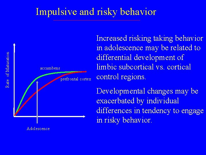 Rate of Maturation Impulsive and risky behavior accumbens prefrontal cortex Increased risking taking behavior