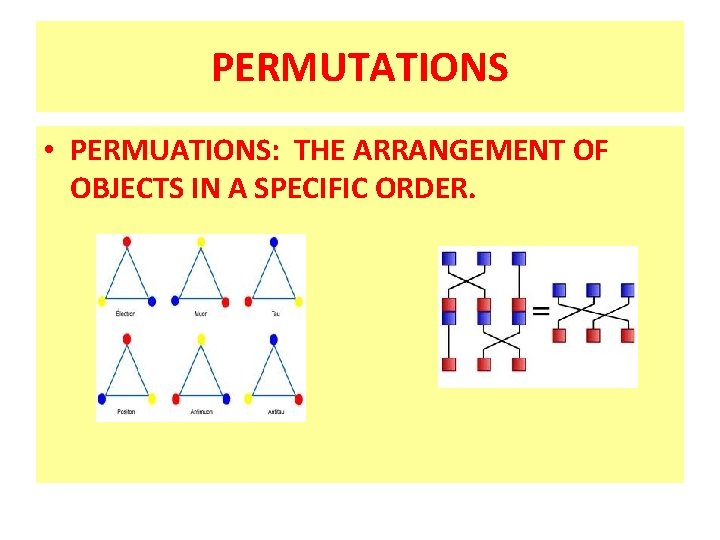 PERMUTATIONS • PERMUATIONS: THE ARRANGEMENT OF OBJECTS IN A SPECIFIC ORDER. 