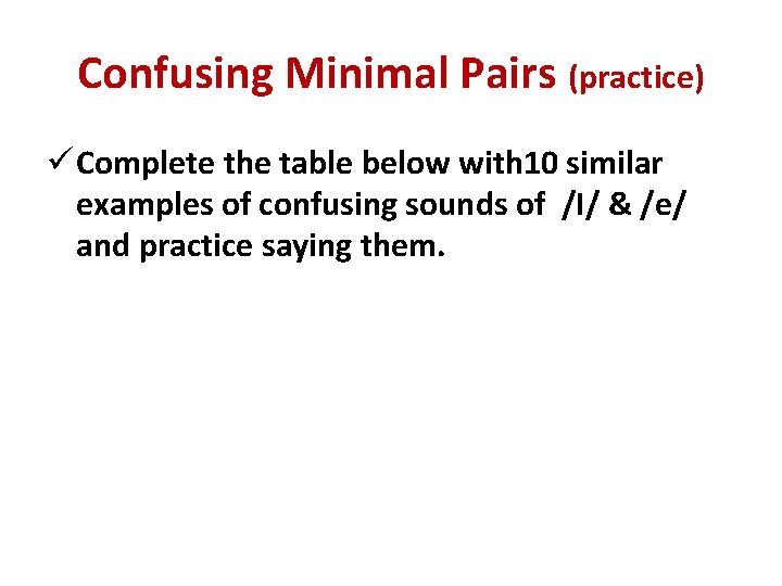 Confusing Minimal Pairs (practice) ü Complete the table below with 10 similar examples of