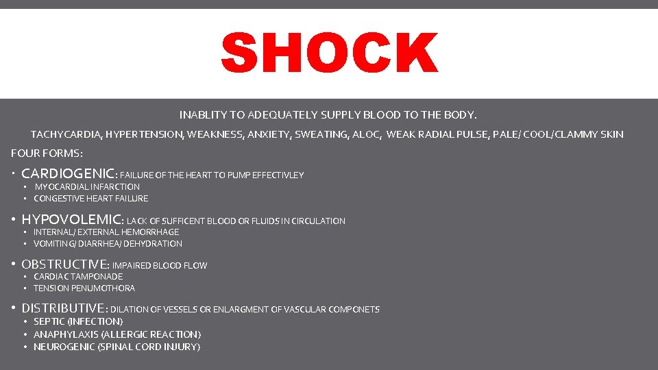 SHOCK INABLITY TO ADEQUATELY SUPPLY BLOOD TO THE BODY. TACHYCARDIA, HYPERTENSION, WEAKNESS, ANXIETY, SWEATING,