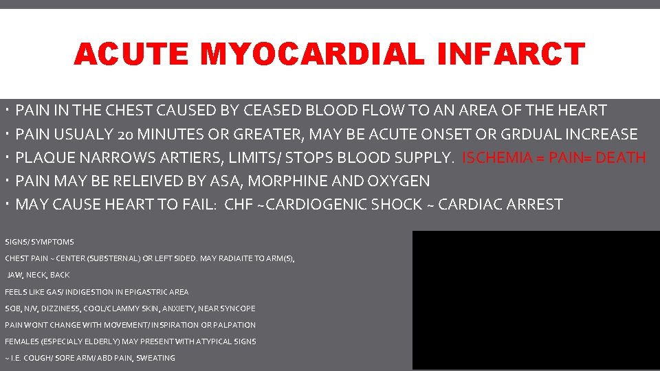 ACUTE MYOCARDIAL INFARCT PAIN IN THE CHEST CAUSED BY CEASED BLOOD FLOW TO AN