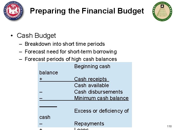 Preparing the Financial Budget • Cash Budget – Breakdown into short time periods –