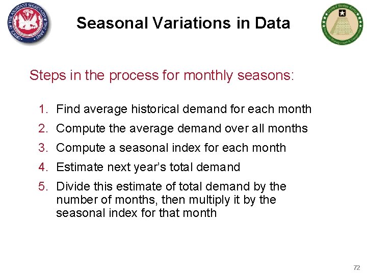 Seasonal Variations in Data Steps in the process for monthly seasons: 1. Find average