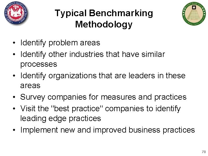 Typical Benchmarking Methodology • Identify problem areas • Identify other industries that have similar